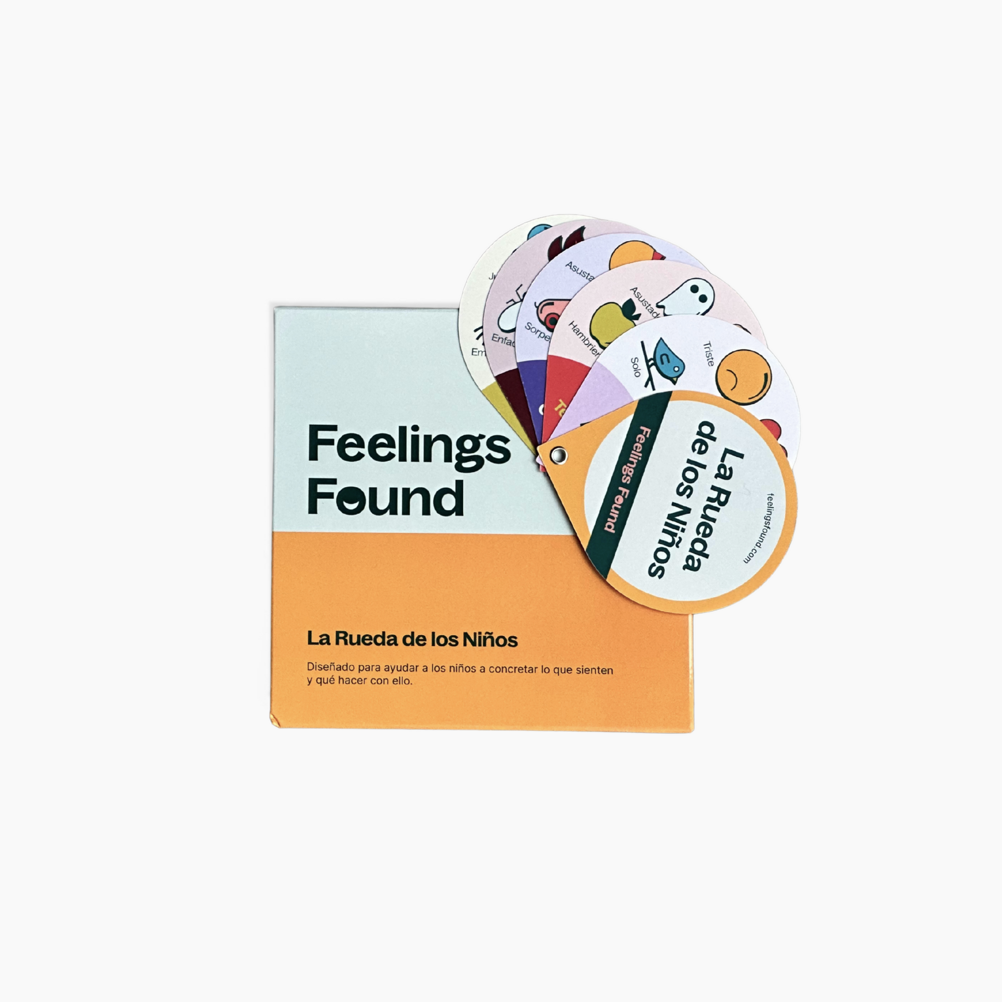 Educational tool with 'Feelings Found' text and colorful wheel on a white background